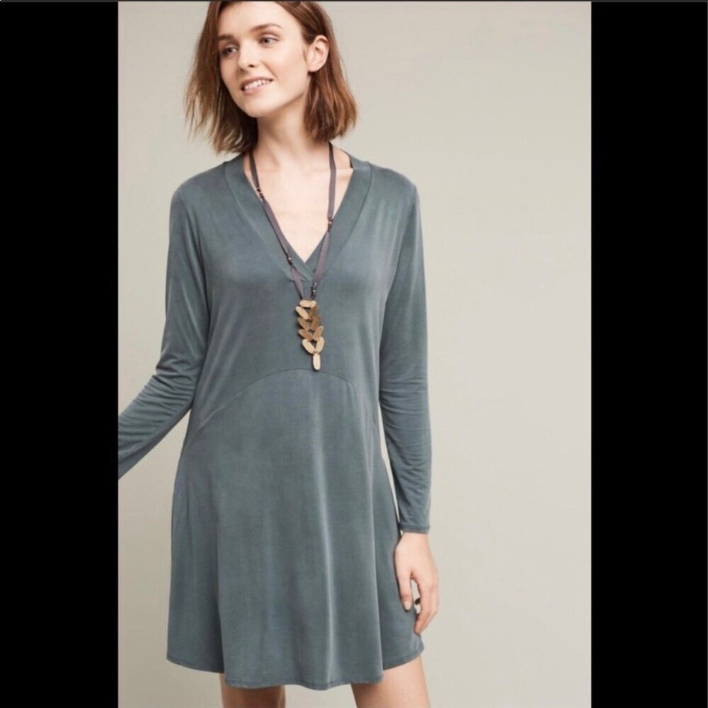 Anthropologie Dolan Left Coast XS Long Sleeve Dress Blue Green V Neck Mini Toute - Picture 3 of 8